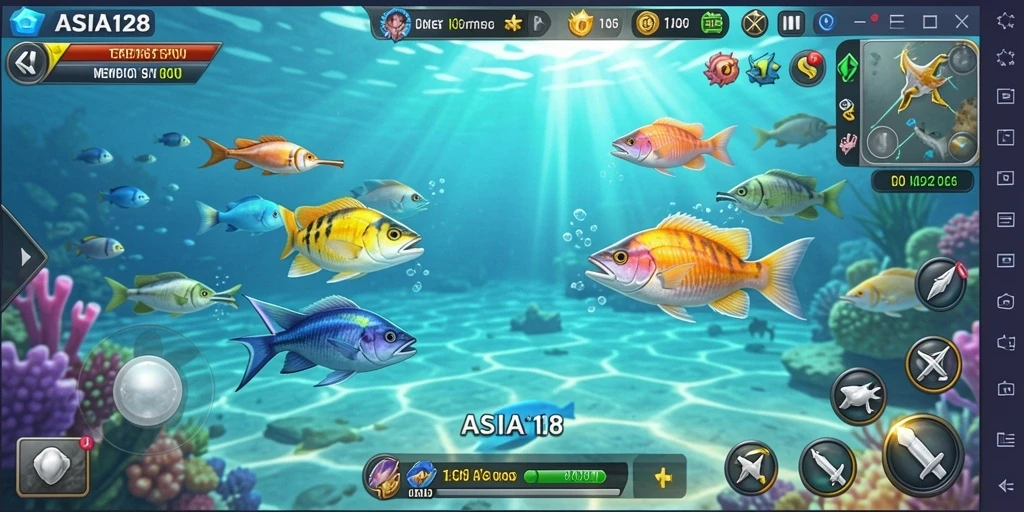 Screenshot gameplay ASIA128 dengan aksi tembak ikan yang seru.