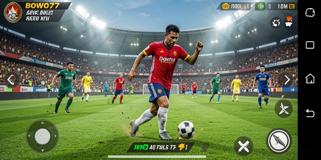 Tangkapan layar gameplay BOWO77 saat pertandingan sepak bola intens.
