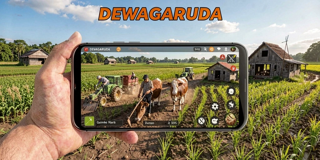 Tangkapan layar gameplay DEWAGARUDA showing aktivitas pertanian yang menyenangkan.