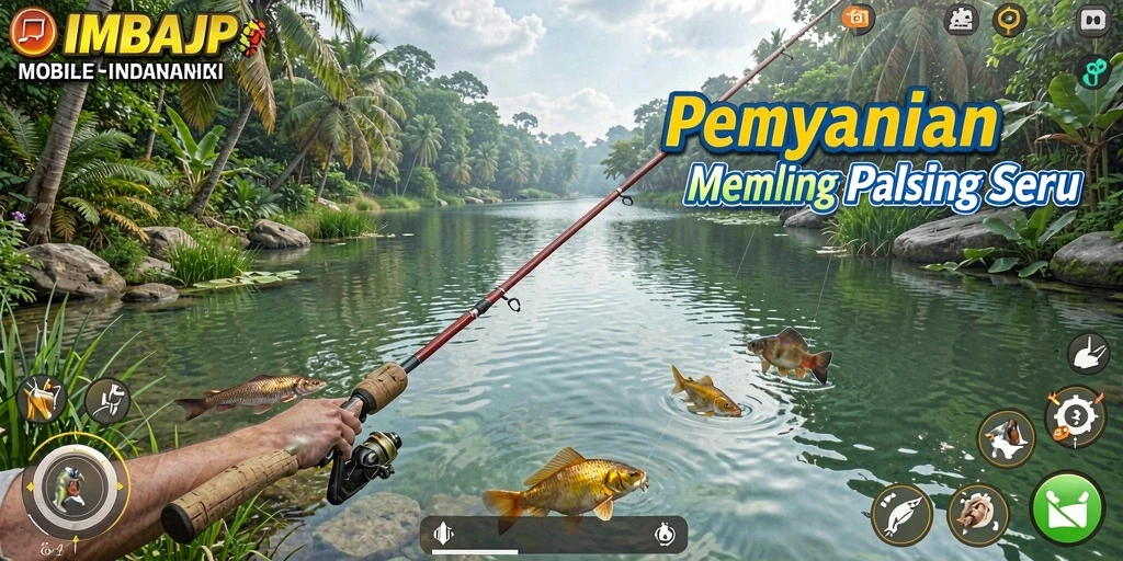 Tampilan gameplay IMBAJP saat memancing ikan di danau.