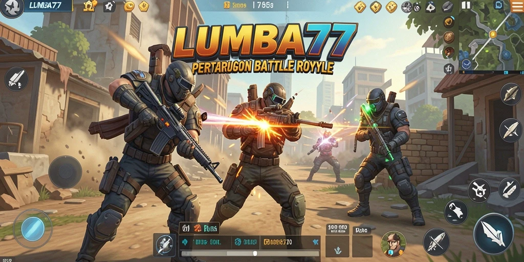 Gameplay LUMBA77 menampilkan pertarungan seru di arena Battle Royale.