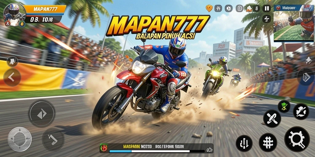 Tampilan gameplay seru di MAPAN777 dengan balapan motor yang menegangkan.