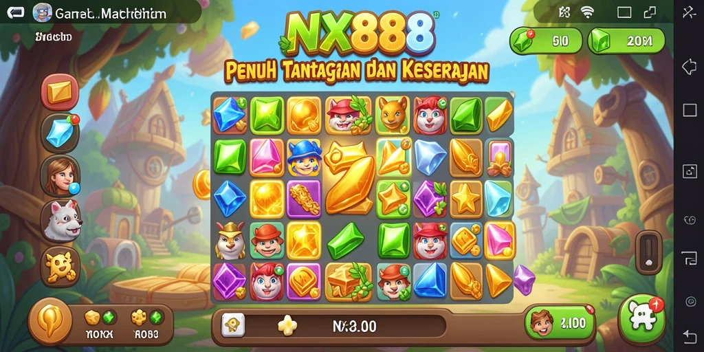 Screenshot gameplay NX888 menampilkan simbol ceria yang berwarna-warni dan tantangan mencocokkan.