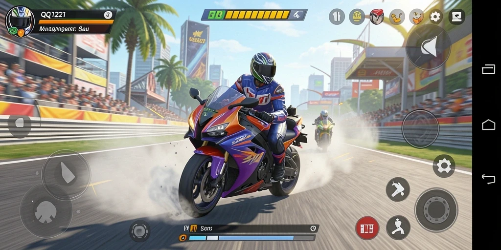 Gameplay balapan motor yang mendebarkan dan penuh warna.