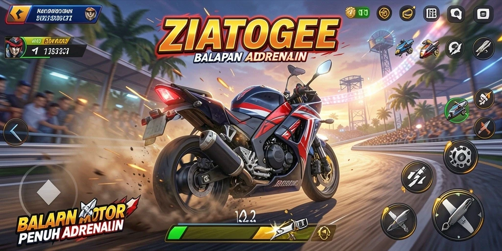 Tampilan gameplay ZIATOGEL dengan aksi balapan motor yang intens.