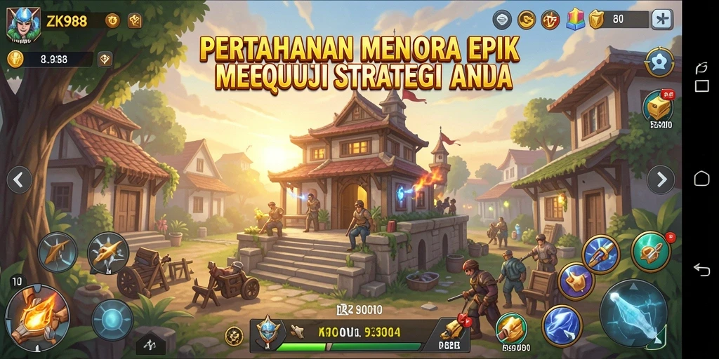Screenshot gameplay ZK988 menunjukkan pertarungan menara yang intens.